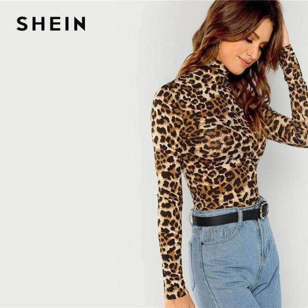 Planet Gates Brown / XS Brown Highstreet Office Lady High Neck Leopard Print Fitted Pullovers Long Sleeve Tee 2018 Autumn Casual Women T-shirt Top
