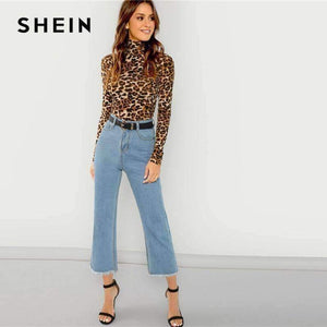 Planet Gates Brown / XS Brown Highstreet Office Lady High Neck Leopard Print Fitted Pullovers Long Sleeve Tee 2018 Autumn Casual Women T-shirt Top