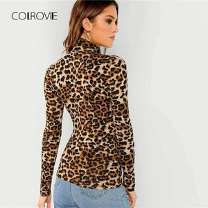 Planet Gates Brown / XS Leopard High Neck Workwear Basic T Shirt Women 2018 Autumn Casual Long Sleeve Tee Sexy Female T-Shirts Women Tops Tee