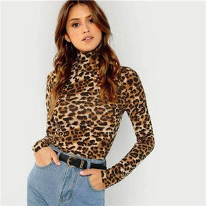 Planet Gates Brown / XS Leopard High Neck Workwear Basic T Shirt Women 2018 Autumn Casual Long Sleeve Tee Sexy Female T-Shirts Women Tops Tee