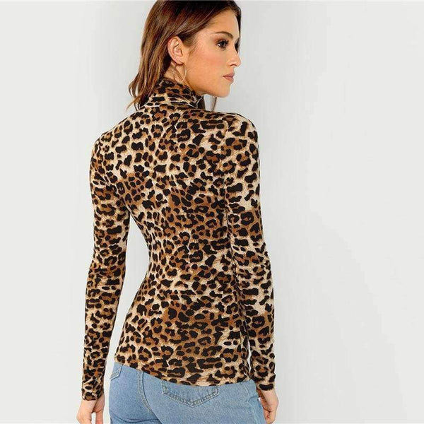 Planet Gates Brown / XS Leopard High Neck Workwear Basic T Shirt Women 2018 Autumn Casual Long Sleeve Tee Sexy Female T-Shirts Women Tops Tee