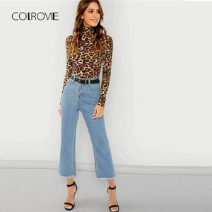 Planet Gates Brown / XS Leopard High Neck Workwear Basic T Shirt Women 2018 Autumn Casual Long Sleeve Tee Sexy Female T-Shirts Women Tops Tee