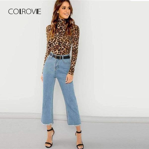 Planet Gates Brown / XS Leopard High Neck Workwear Basic T Shirt Women 2018 Autumn Casual Long Sleeve Tee Sexy Female T-Shirts Women Tops Tee