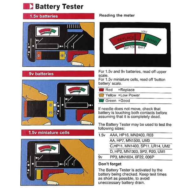 Planet Gates BT-168 AA/AAA/C/D/9V/1.5V batteries Universal Button Cell Battery Colour Coded Meter Indicate Volt Tester Checker BT168 Power