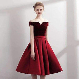 Planet Gates burgundy / 2 Boat Neck Satin Little Black Dress Elegant Short Cocktail Dresses Knee Length Prom Dresses Robe Cocktail mi Longue