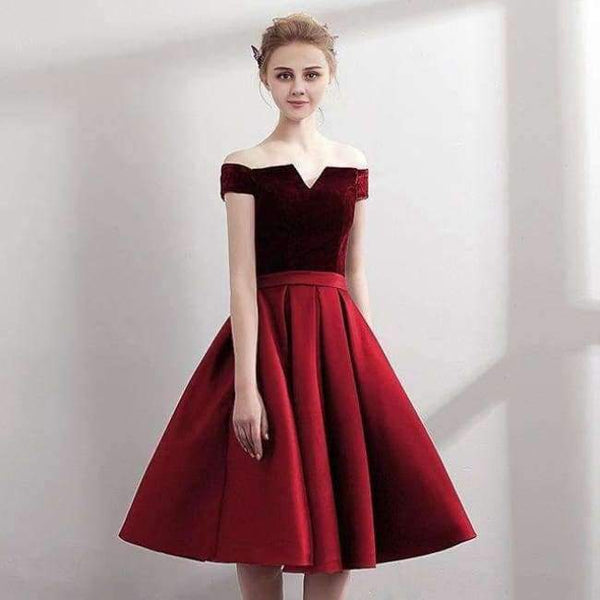 Planet Gates burgundy / 2 Boat Neck Satin Little Black Dress Elegant Short Cocktail Dresses Knee Length Prom Dresses Robe Cocktail mi Longue