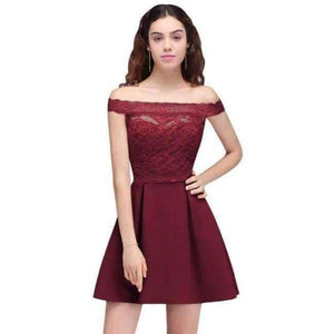 Planet Gates burgundy / 2 Cocktail Dresses 2018 Simple A-Line Boat Neck lace Satin Women Short Vestidos Sexy Women off shoulder Cocktail Dresses
