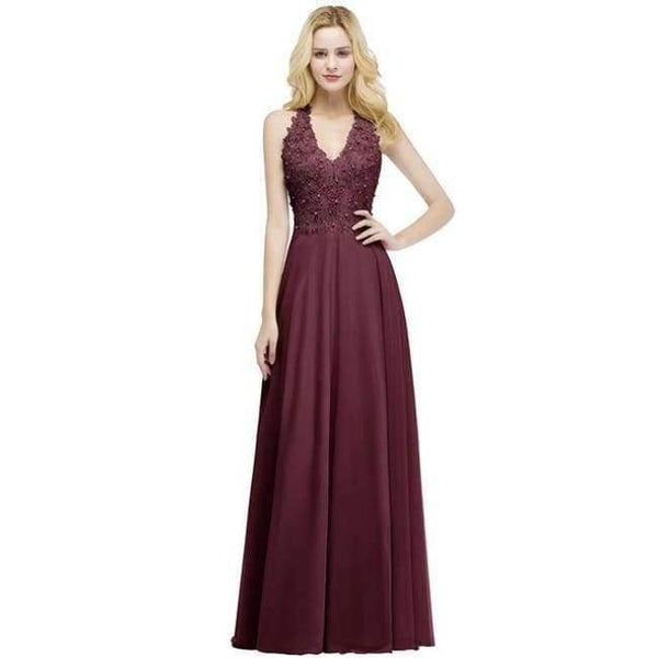 Planet Gates burgundy / 2 Sexy V Neck Pink Lace Chiffon Long Evening Dress 2018 Elegant Sleeveless Evening Gowns with Pearls Abendkleid