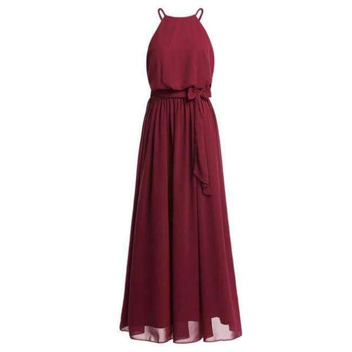 Planet Gates Burgundy / 4 Women Ladies Sleeveless Halter Chiffon Bridesmaid Dresses Full Length Prom Gown Pleated A-Line Long Wedding Party Dress