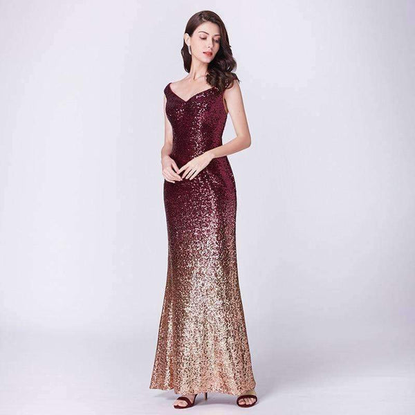 Planet Gates Burgundy / 6 Evening Dress Long Sparkle 2018 New V-Neck Women Elegant EB29998 Sequin Mermaid Maxi Evening Party Gown Dress abendkleider 2018