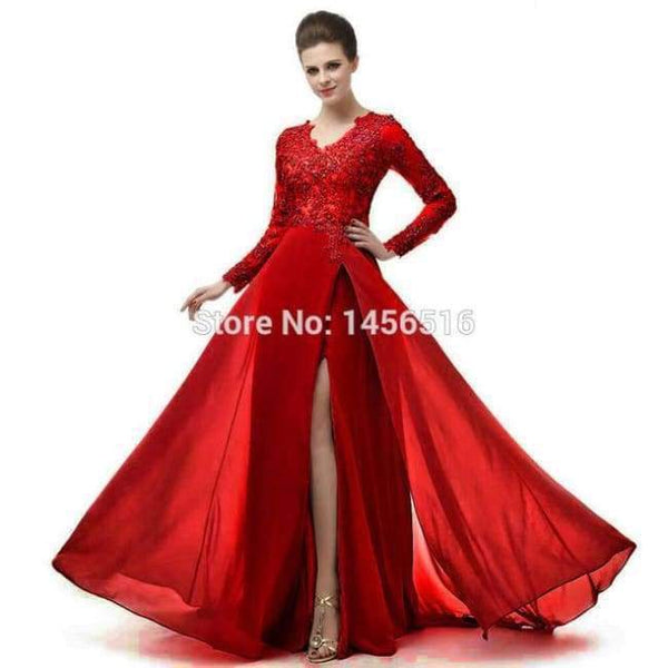 Planet Gates Burgundy / 6 Long Sleeve A Line V Neck Chiffon Lace Beaded Long Evening Dresses 2018 Robe De Soiree Manche Longue 122416W