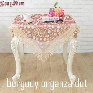 Light Coffee Pure Organza Lace Trim Lotus Embroidered Tablecloth - Burgundy Dot / 130*180Cm