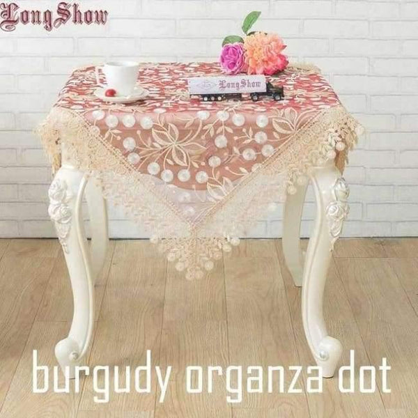 Light Coffee Pure Organza Lace Trim Lotus Embroidered Tablecloth - Burgundy Dot / 130*180Cm