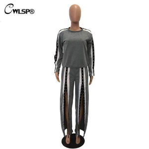 Planet Gates Burgundy / L Autumn new fashion Ladies Striped suits with Button Casual Pullover Top Women Sets Female Clothes Split pants QZ2436