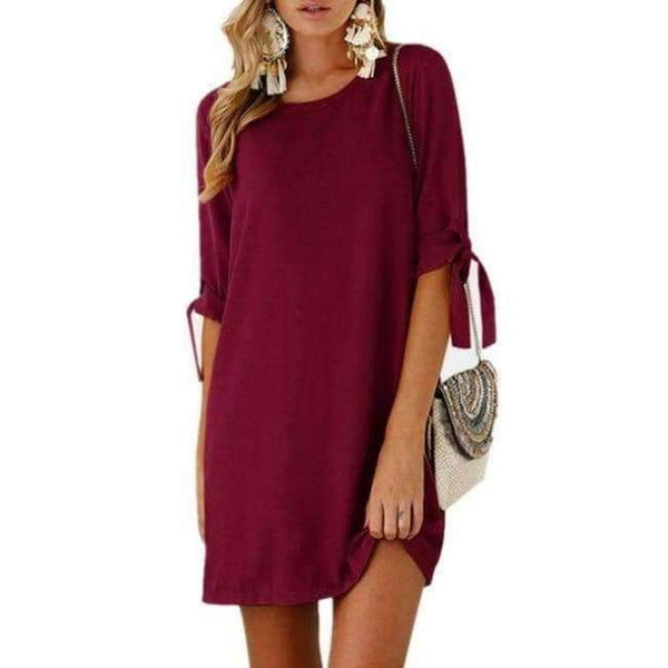 Planet Gates Burgundy / L Beach Summer Women Casual Solid Dresses Half Sleeve Short Vestidos Ladies Elegant Party Bow Tie Loose Scoop Neck Mini Dress