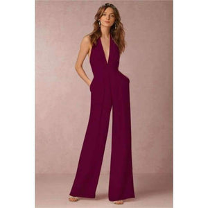 Planet Gates Burgundy / L New Casual Wedding Jumpsuit Sexy Sleeveless Halter Elegant Jumpsuit Ladies Coverall Deep V Sexy Halter Jumpsuit