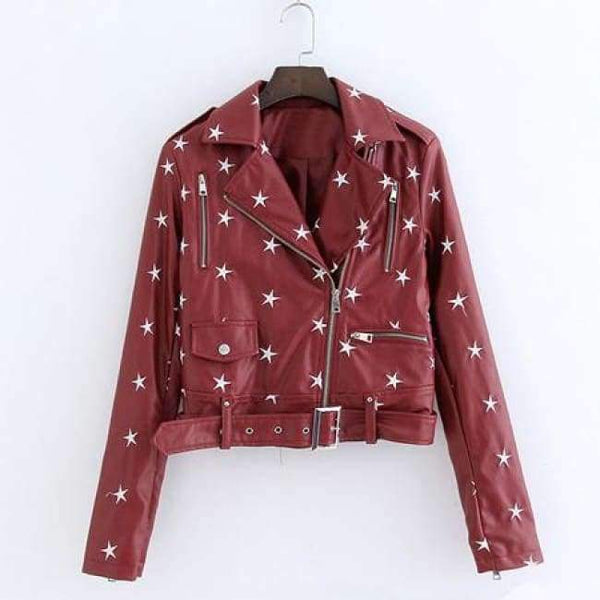 Planet Gates Burgundy / L New Design 2018 Autumn Women Leather Jacket Coat Chic Star Embroidery Long Sleeve PU Short Motor Leather Jacket YO561