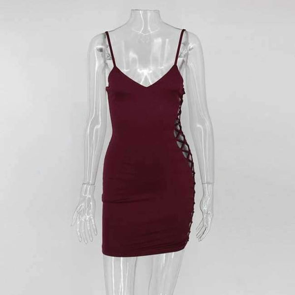Planet Gates Burgundy / L New Women Dress Sexy Straps Side Lace Up Dress Women Clubwear Bandage Party Dresses Hollow Out clothes