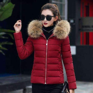 Planet Gates Burgundy / M Coat Autumn With Fur Collar Hooded Cotton Padded Winter Jacket Women Short Outwear Basic Jacket
