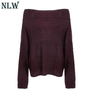 Planet Gates Burgundy / S Large Size Off Shoulder Sweater Pullover Women Casual Harajuku Sweater Sexy Streetwear Autumn Jumpers Plus Size XXXL
