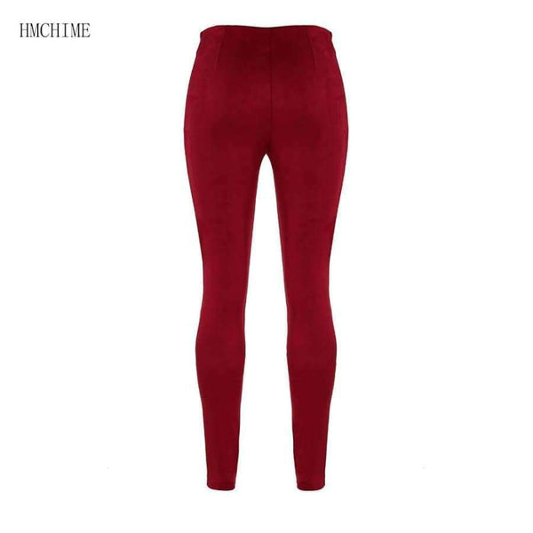 Planet Gates Burgundy / S Suede fabric elastic waist legging autumn winter package hip pure color beading pants with zipper ladies trousers ZB-D019