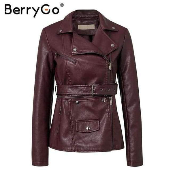 Planet Gates Burgundy / S Wine red moto faux leather jacket women PU zipper belt motorcycle jackets coat 2018 Winter coat punk jacket female