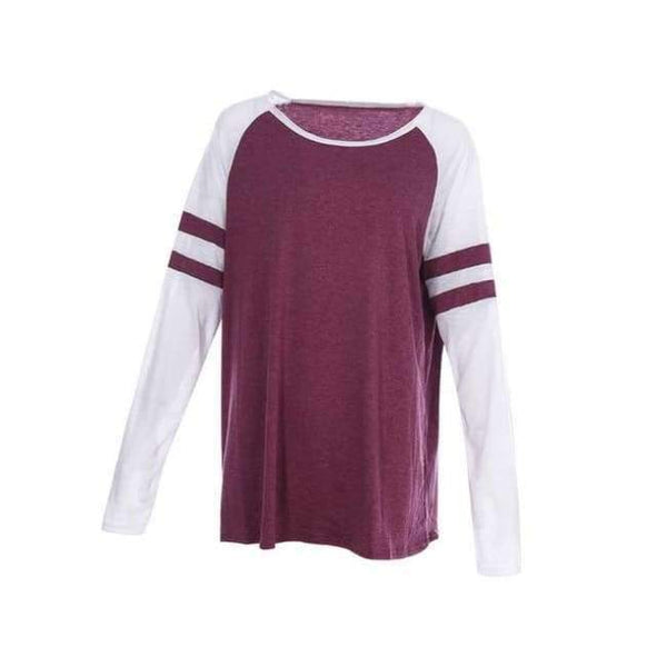 Planet Gates Burgundy / S Women Striped Splicing Baseball Tshirt 2018 Spring Autumn O Neck Long Sleeve Top Tees All Matched T Shirt Plus Size 5XL