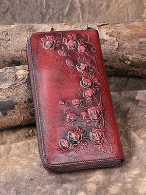 Planet Gates Burgundy Women's wallet Retro flowers female long zipper wallets real genuine leather handbag card holder coins purses phone bag