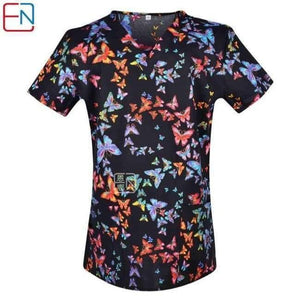 Planet Gates butterflies / XXS Women Scrub Top With V-Neck 100% Cotton Print Surgical Medical Uniforms Hospital Nurse Scrub Tops For Women