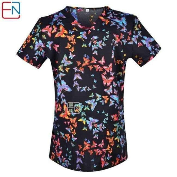 Planet Gates butterflies / XXS Women Scrub Top With V-Neck 100% Cotton Print Surgical Medical Uniforms Hospital Nurse Scrub Tops For Women