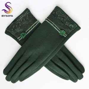 Planet Gates [BYSIFA] Cashmere Wool Women Gloves Winter Thick Ladies Lace Embroidered Wool Gloves Grey And Green Elegant Soft Mittens Gloves