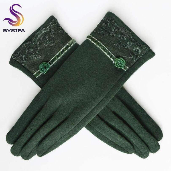 Planet Gates [BYSIFA] Cashmere Wool Women Gloves Winter Thick Ladies Lace Embroidered Wool Gloves Grey And Green Elegant Soft Mittens Gloves
