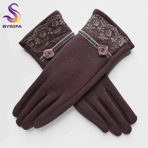 Planet Gates [BYSIFA] Cashmere Wool Women Gloves Winter Thick Ladies Lace Embroidered Wool Gloves Grey And Green Elegant Soft Mittens Gloves