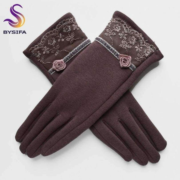 Planet Gates [BYSIFA] Cashmere Wool Women Gloves Winter Thick Ladies Lace Embroidered Wool Gloves Grey And Green Elegant Soft Mittens Gloves