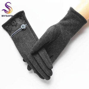 Planet Gates [BYSIFA] Cashmere Wool Women Gloves Winter Thick Ladies Lace Embroidered Wool Gloves Grey And Green Elegant Soft Mittens Gloves