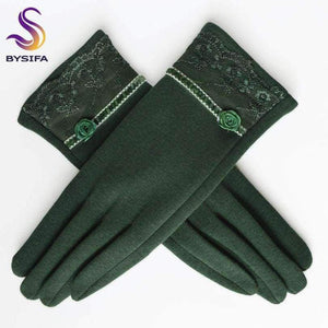 Planet Gates [BYSIFA] Cashmere Wool Women Gloves Winter Thick Ladies Lace Embroidered Wool Gloves Grey And Green Elegant Soft Mittens Gloves