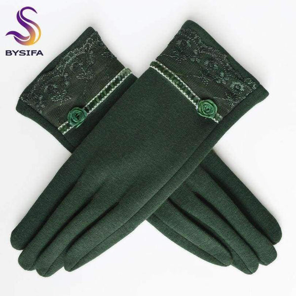 Planet Gates [BYSIFA] Cashmere Wool Women Gloves Winter Thick Ladies Lace Embroidered Wool Gloves Grey And Green Elegant Soft Mittens Gloves