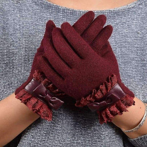 Planet Gates [BYSIFA] Ladies Pink Rabbit Hair Wool Mittens Gloves Fashion Women Gloves Elegant Lace Embroidery Bow Tie Thick Warm Soft Gloves