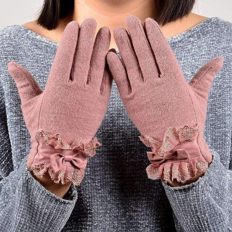 Planet Gates [BYSIFA] Ladies Pink Rabbit Hair Wool Mittens Gloves Fashion Women Gloves Elegant Lace Embroidery Bow Tie Thick Warm Soft Gloves