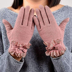 Planet Gates [BYSIFA] Ladies Pink Rabbit Hair Wool Mittens Gloves Fashion Women Gloves Elegant Lace Embroidery Bow Tie Thick Warm Soft Gloves