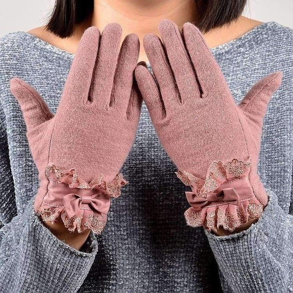 Planet Gates [BYSIFA] Ladies Pink Rabbit Hair Wool Mittens Gloves Fashion Women Gloves Elegant Lace Embroidery Bow Tie Thick Warm Soft Gloves