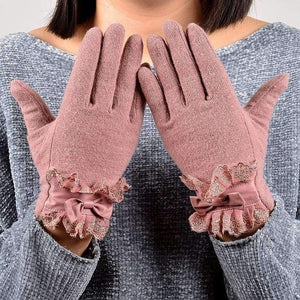 Planet Gates [BYSIFA] Ladies Pink Rabbit Hair Wool Mittens Gloves Fashion Women Gloves Elegant Lace Embroidery Bow Tie Thick Warm Soft Gloves