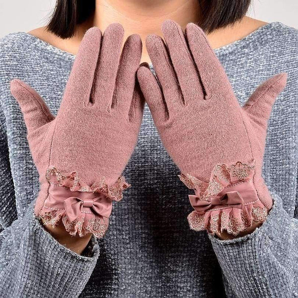 Planet Gates [BYSIFA] Ladies Pink Rabbit Hair Wool Mittens Gloves Fashion Women Gloves Elegant Lace Embroidery Bow Tie Thick Warm Soft Gloves