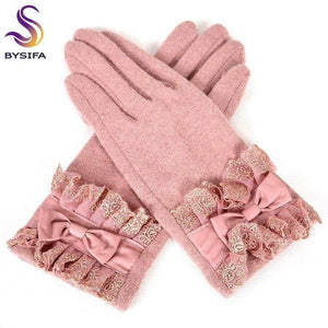 Planet Gates [BYSIFA] Ladies Pink Rabbit Hair Wool Mittens Gloves Fashion Women Gloves Elegant Lace Embroidery Bow Tie Thick Warm Soft Gloves