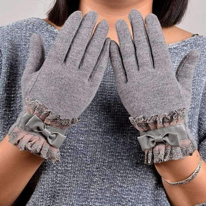 Planet Gates [BYSIFA] Ladies Pink Rabbit Hair Wool Mittens Gloves Fashion Women Gloves Elegant Lace Embroidery Bow Tie Thick Warm Soft Gloves