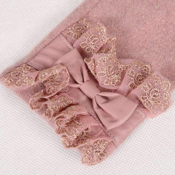 Planet Gates [BYSIFA] Ladies Pink Rabbit Hair Wool Mittens Gloves Fashion Women Gloves Elegant Lace Embroidery Bow Tie Thick Warm Soft Gloves