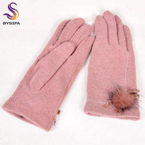 Planet Gates [BYSIFA] Winter Mink ball Wool Women Gloves Fashion Warm Ladies Thick Gloves Elegant Soft Mittens Gloves Pink,Coffee,Grey,Black