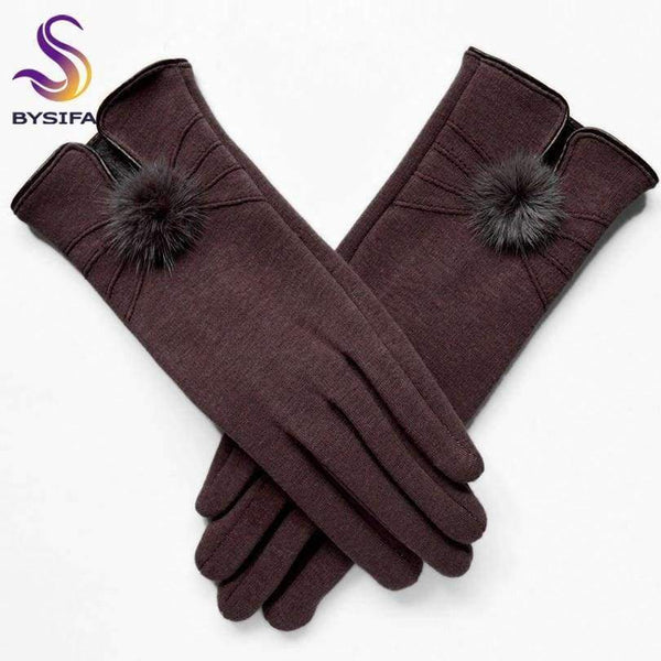 Planet Gates [BYSIFA] Women Mink ball Wool Gloves Fashion Opening Design Winter Ladies Gloves New Trendy Elegant Soft Black Mittens Gloves