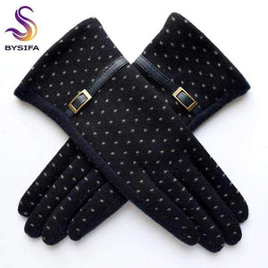 Planet Gates [BYSIFA] Women Polka Dot Wool Mittens Gloves Fashion Metal Buckle And Pu Design Cashmere Gloves Elegant Thick Warm Pink Gloves