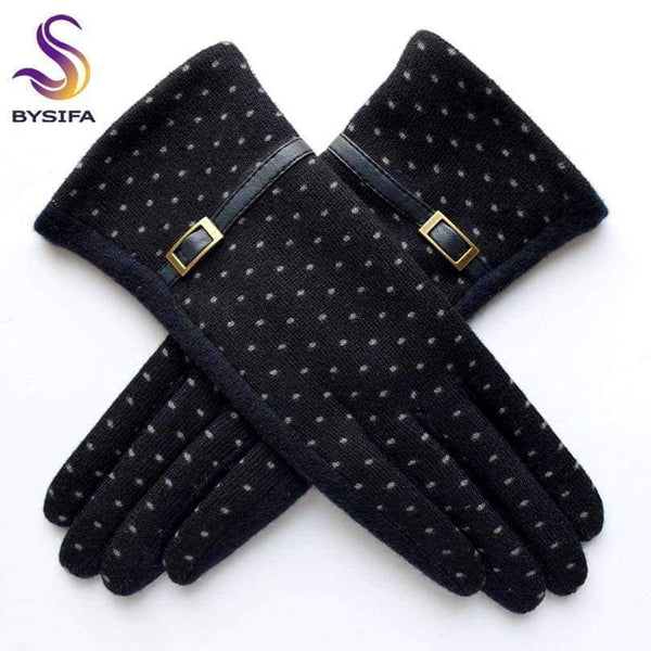 Planet Gates [BYSIFA] Women Polka Dot Wool Mittens Gloves Fashion Metal Buckle And Pu Design Cashmere Gloves Elegant Thick Warm Pink Gloves